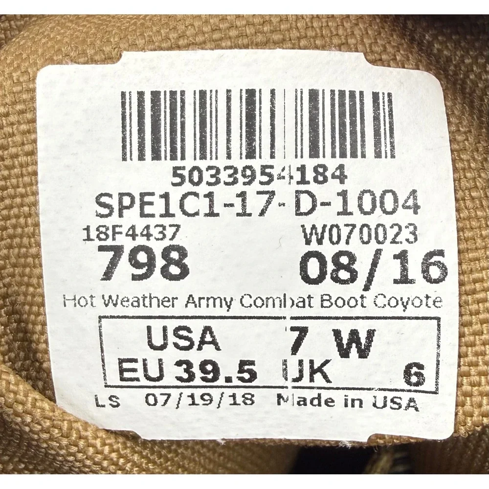 Army Combat Coyote Hot‎ Weather Tan Boots SPE1C1-17-D-1004 Vibram Sole-Size 7 W